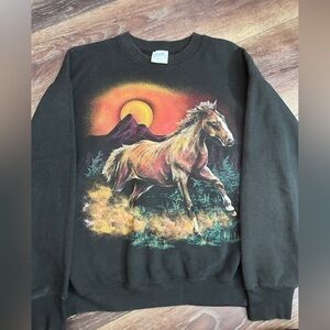 Hazelwoods Vintage Whimsical Sweatshirt with Horse and Sunset Design